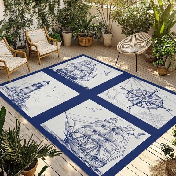 Nautical Navy Outdoor Rug 3x5 Ft - Reversible Patio Rug Outdoor Camping Rugs, Blue Lighthouse Boat Compass Ocean Washable Indoor Outdoor Area Rugs, Non-Slip Outdoor Carpet Runner for Deck/Porch