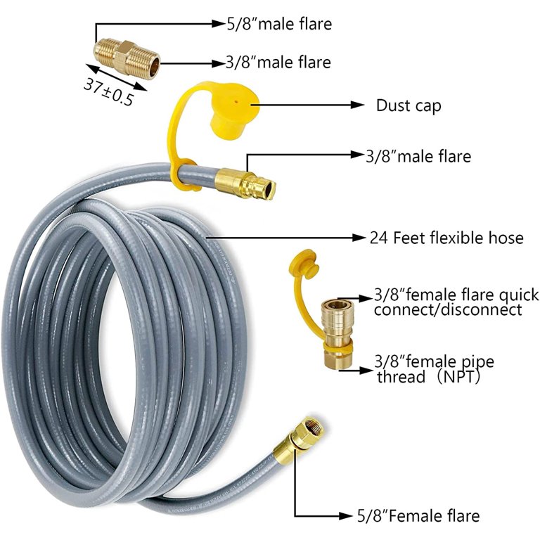 Grisun 3/8 inch ID Natural Gas Grill Hose with Quick Connect/Disconnect,  3/8 inch 24 feet Female Pipe Thread x 3/8 inch Male Flare Kit for Grill  Fire Pit Outdoor NG/Propane Low Pressure
