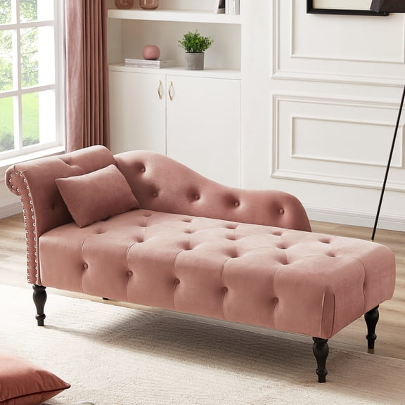 Elegant Rose Velvet Chaise With Buttons, Solid Wood Legs, Nailhead Trim & Pillow - Enhance Your Home's Appeal Living Room, Bedroom, Office Area