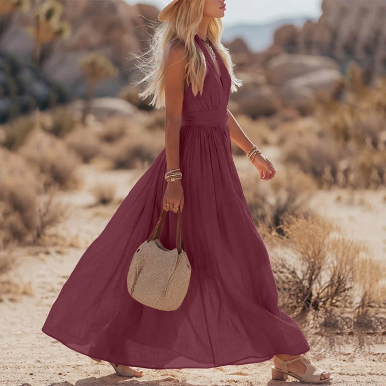 fitted casual dresses Iyufng Summer for Women Deep V-Neck Sleeveless Waist Maxi Dress with Pleats, Women's, Size: Large, Red Versatile for Any Occasion Cute Casual Dresses for Women