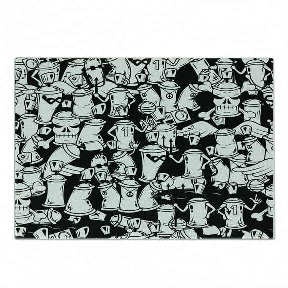 Urban Graffiti Cutting Board, Anthropomorphised Graffiti Spray Can Sport Characters and Skull, Decorative Tempered Glass Cutting and Serving Board, in 3 Sizes, by Ambesonne
