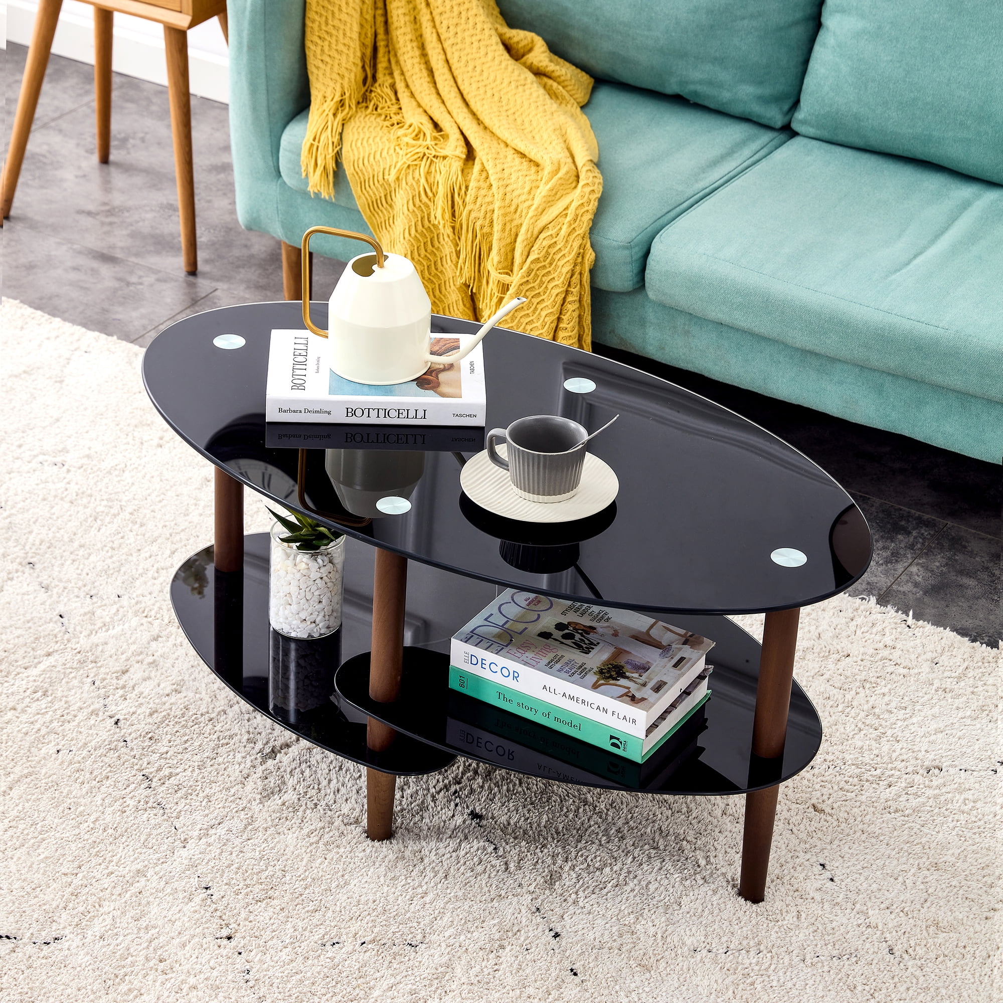 Yardi Yard Mid-Century Modern Oval 2-Tier Tempered Glass Coffee Table with Storage Side Shelf and Oak Wood Legs for Living Room Black Yardi Yard Mid-Century Modern Oval 2-Tier Tempered Glass Coffee Table with Storage Side Shelf and Oak Wood Legs for Living Room Black