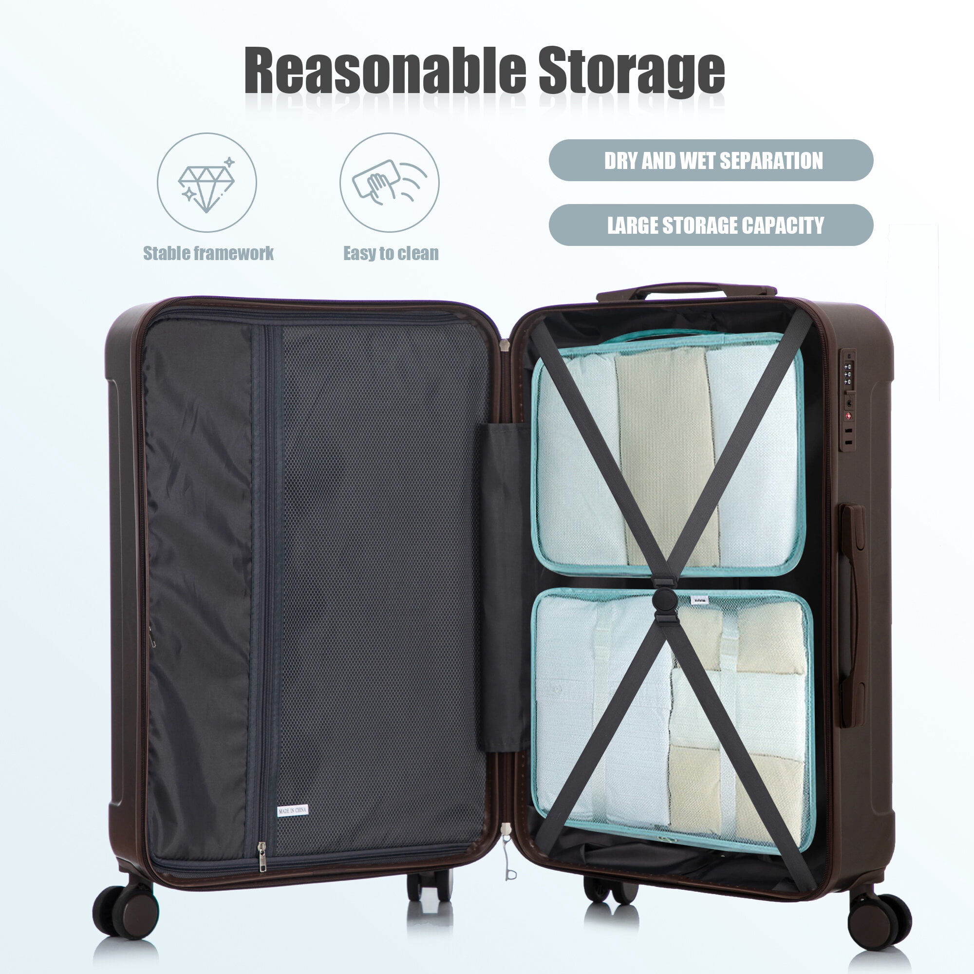 Hardside Suitcase, 20"/24"/28" 3 pcs/set in ABS Spinner Wheel Luggage, Carry on Suitcase, Matching Color, TSA Combination Lock (Brown), Brown Hardside Luggage,Abs Hardside Checked Luggage