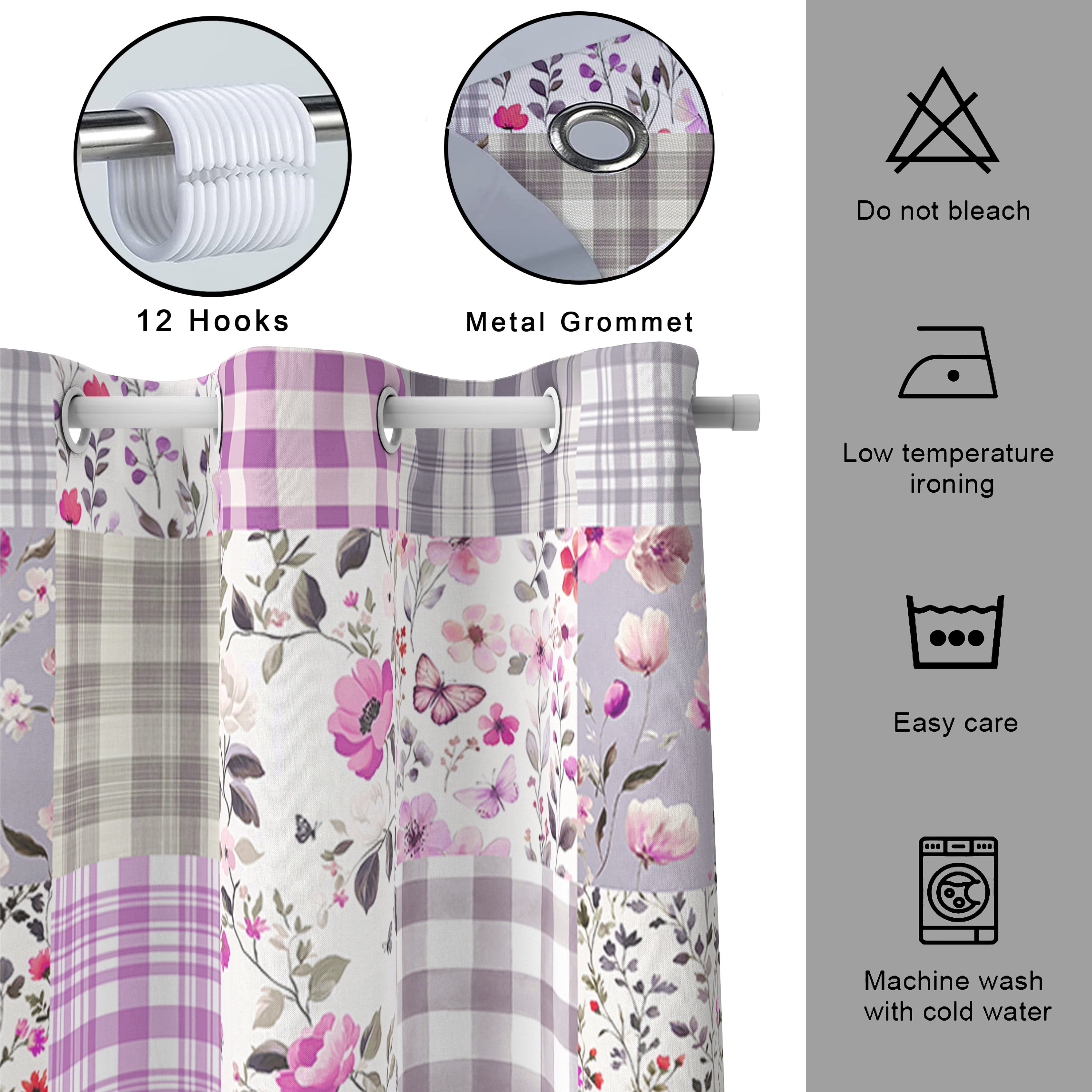 Cute Plaid Floral Shower Curtain, Boho Purple Pink Flower Fabric Shower Curtains for Bathroom, Retro Purple Pink Floral Checkered Patchwork Bath Curtain Set Washable Waterproof with 12Hooks,72X72in