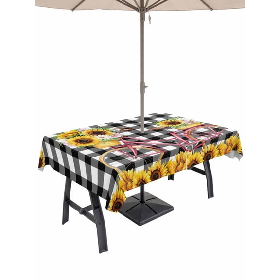 Outdoor Tablecloth with Umbrella Hole for Patio/Picnic/Party/Camping, Sunflowers Bicycle Waterproof Table Cloth Rectangle Table Cover Washable, Summer Budding Botanical Floral Lattice (60"x 102")