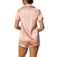 thumbnail image 3 of Conjunto de pijama de satén para mujer INSPIRE CHIC, camisa de botón de manga corta con pantalones cortos, 2 piezas, ropa de descanso, pijama, XS, rosa, 3 of 6