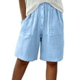 thumbnail image 2 of VBVC Women's Cotton-Linen Button Front Bermuda Shorts , Summer Casual Textured Shorts For Women,Ladies' Loungewear Shorts with Pockets,Light Blue,S-2XL, 2 of 8