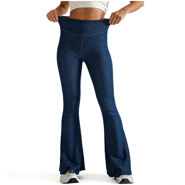 Pincandy Women's Solid Color Stretch Denim Leggings - 2 Pockets, Loose Skinny Fit with Flared Hem, Perfect for Gym, Workout & Casual Wear