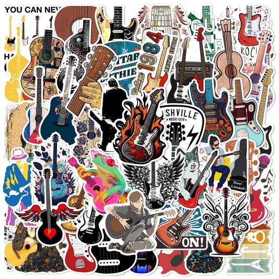 49 Guitar Stickers, Waterproof Vinyl Music Decals for Water Bottles, Laptops, Notebooks, Journals, Phone Cases, Guitar Lover Gifts