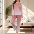thumbnail image 7 of Ashirexll Pajamas for Women Set Solid Color V-Neck Long Sleeve Pajama Top with Matching Long Pants Loungewear Set, 7 of 7