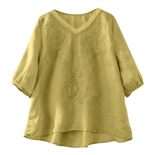 Camisas de Cuello en V de Manga Corta para las Mujeres Lino Blusas Bordadas Ajuste Suelto Verano Casual Tops de Cuello Redondo