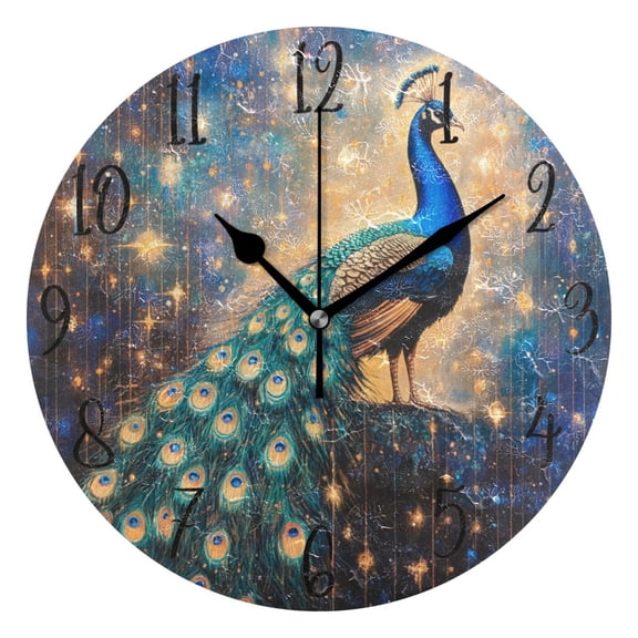 WOBOGO Starry Peacock Wall Clock 10in Silent Mechanism Battery Operated Retro Style for Living Room Bedroom and Kitchen Black Pointer