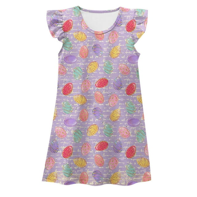 Liyamei Robe de Nuit à Petites Manches Volantées pour Filles, Imprimé de Pâques d'Été, Robe d'Intérieur Confortable pour Enfants, 6-7 Ans