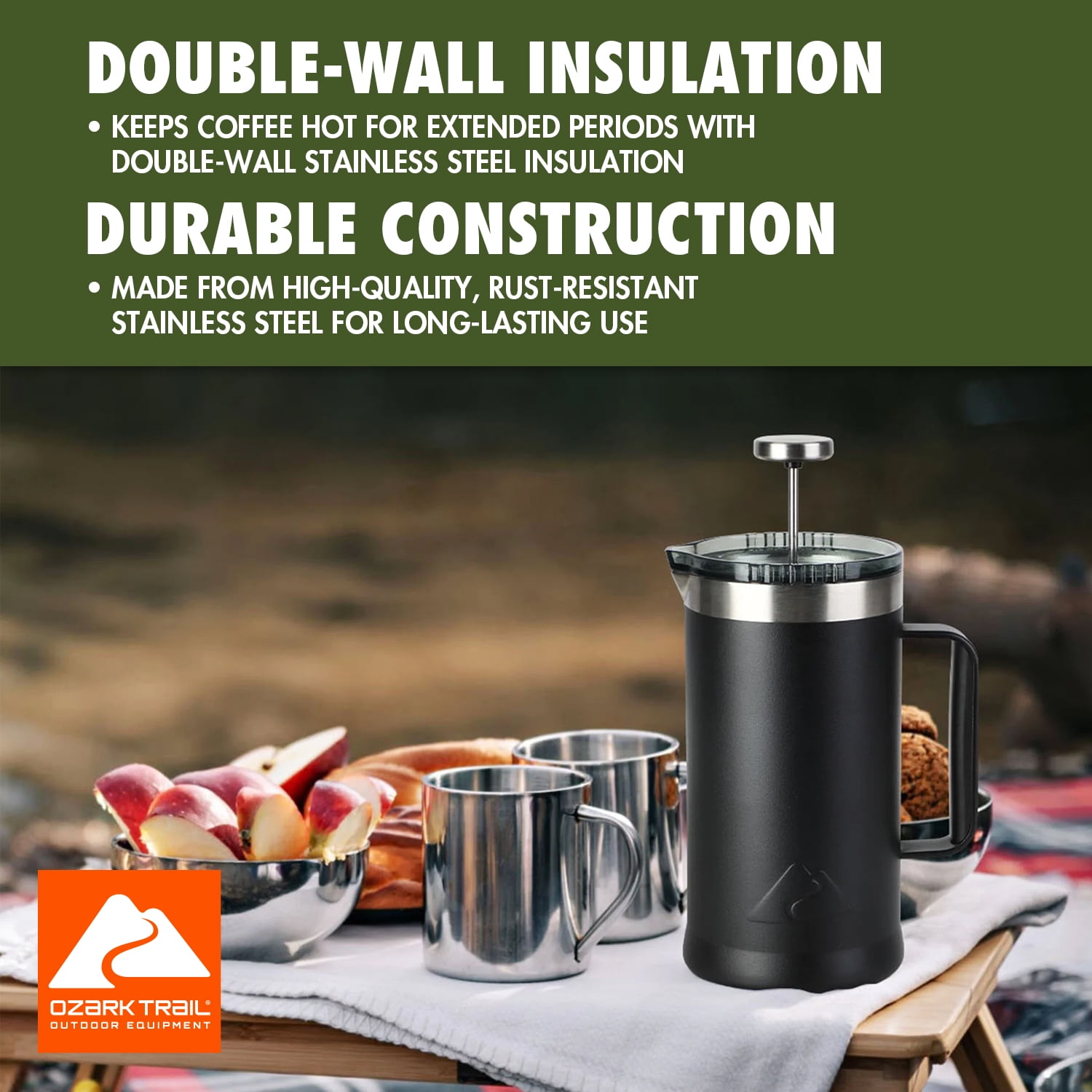 Ozark Trail 34 oz Double-Wall Stainless Steel French Press – Black