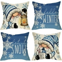 Hello Winter Blue Gnome Decorative Throw Pillow Covers 18x18 Set of 4, Let It Snow Snowflakes Hot Cocoa Lamp Porch Outdoor Home Decor, Get Cozy Christmas Decorations Sofa Couch Cushion Case