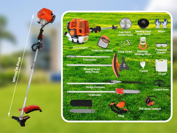 Floseru Powerful 52cc 5 in 1 Multi Functional Trimming Tools,Gas Hedge Trimmer,String Trimmer, Weed Eater, Pole Chainsaw with Extension Pole and Brush Cutter