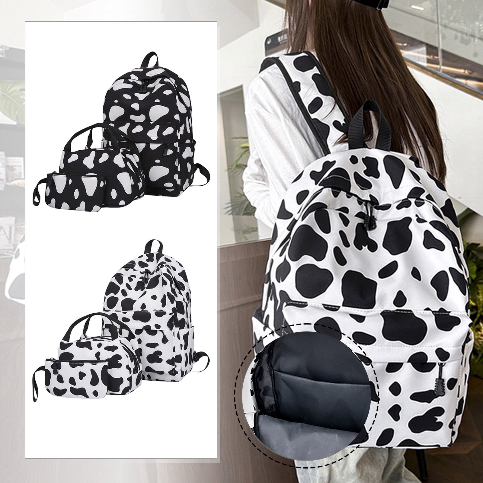 Cow Print Backpack Set 3PCS Casual Travel Daypack with Lunch Bag & Pouch Lightweight Multi-Pocket School-Style Backpack