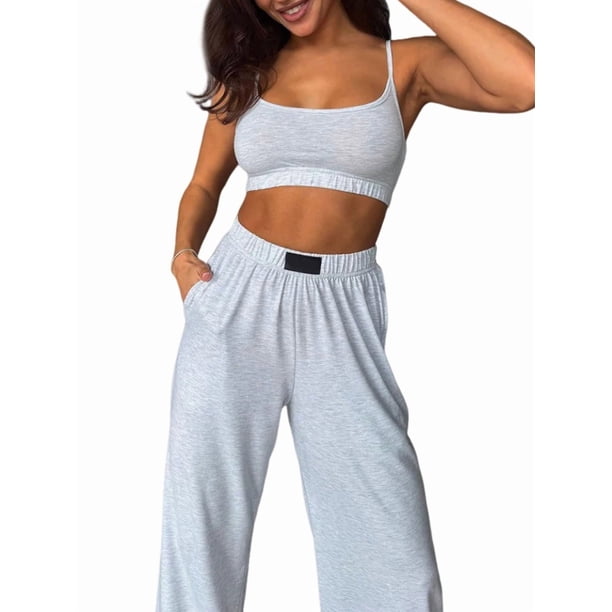 Conjuntos Casuales de Dos Piezas para Mujer, Camiseta Sin Mangas con Cuello en V y Cintura Elástica, Chándal de Verano con Bolsillo. Gris L
