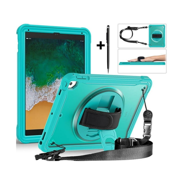 Case For iPad 6th 5th Generation, iPad 9.7 Inch 2018 2017, iPad Air 2, iPad Pro 9.7 Shcokproof Cover with Transparent Back, Pencil Holder, Rotating Stand, Hand/Shoulder Strap, Stylus Pen