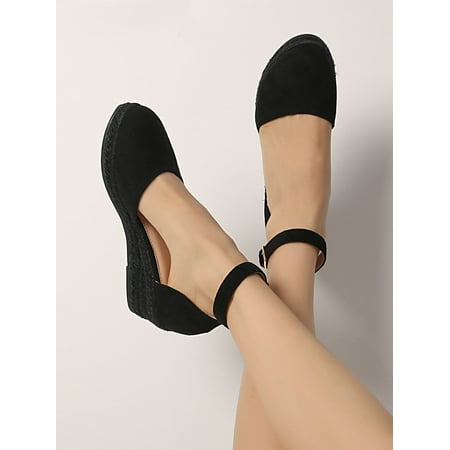 

Women Espadrille Sole Ankle Strap Wedges Vacation Black Faux Suede Court Wedges Women‘s Footwear