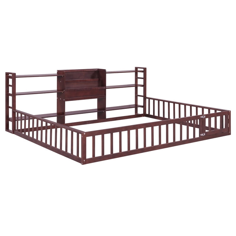 Queen Size Floor Bed Montessori Bed with Integrated Bookcase and 3-Tier Storage Shelves, Wooden Low Profile Toddler Bed Platform Bed with Safety Guardrails for Boys Girls