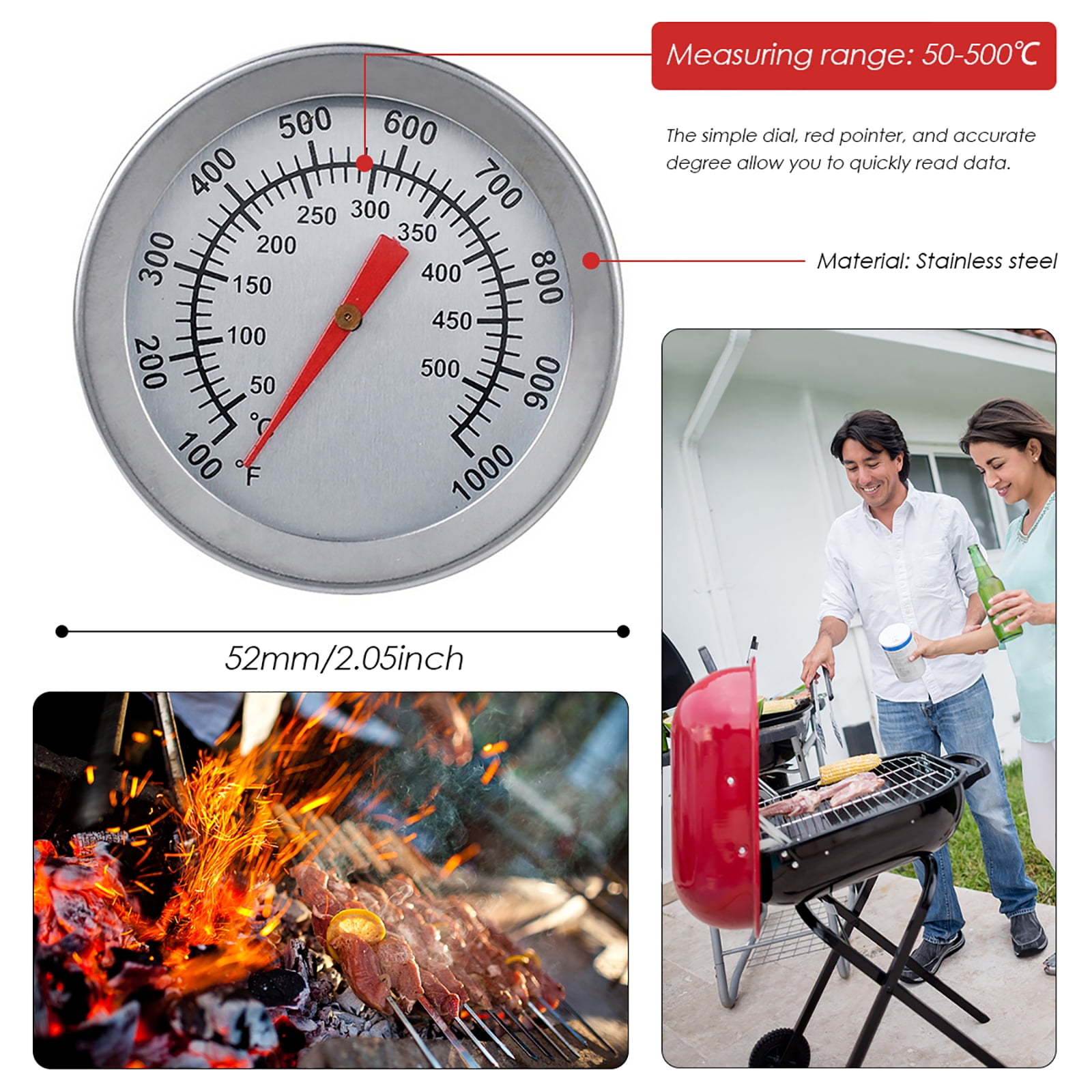 Outdoor BBQ Smoking Thermometer Temp Gauge Grill Smoker Pit Thermostat