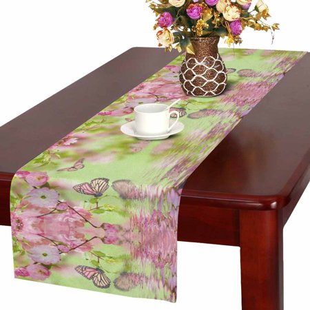 

SUNENAT Pink Flower of Oriental Cherry and Butterfly Table Runner Linen & Cotton Cloth Placemat Home Decor for Wedding Banquet Decoration 16 x 72 Inches