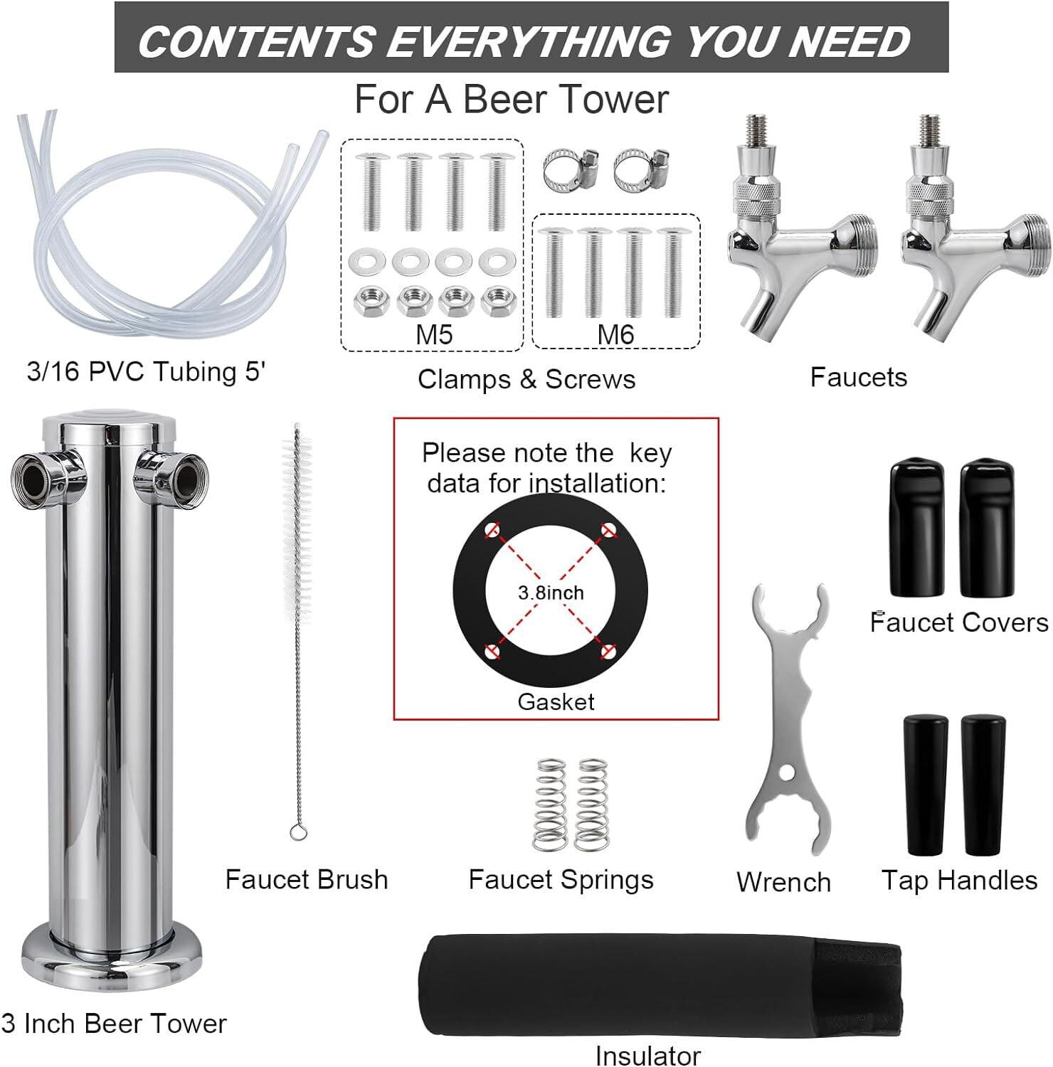 Wellbom Kegerator Tower, Double Tap Beer Tower Stainless Faucet Homebrew Draft Beer Dispenser with Drip Tray