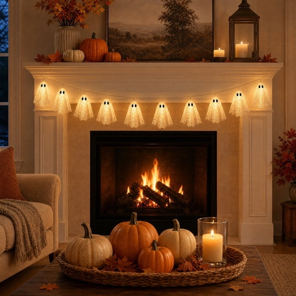 Halloween Glowing Ghost String Lights, Illuminated Banner Garland, Spooky Hanging Party Decorations, Battery Operated Fairy Light Strand, Indoor Outdoor Patio Accent for Ghost House Theme, White