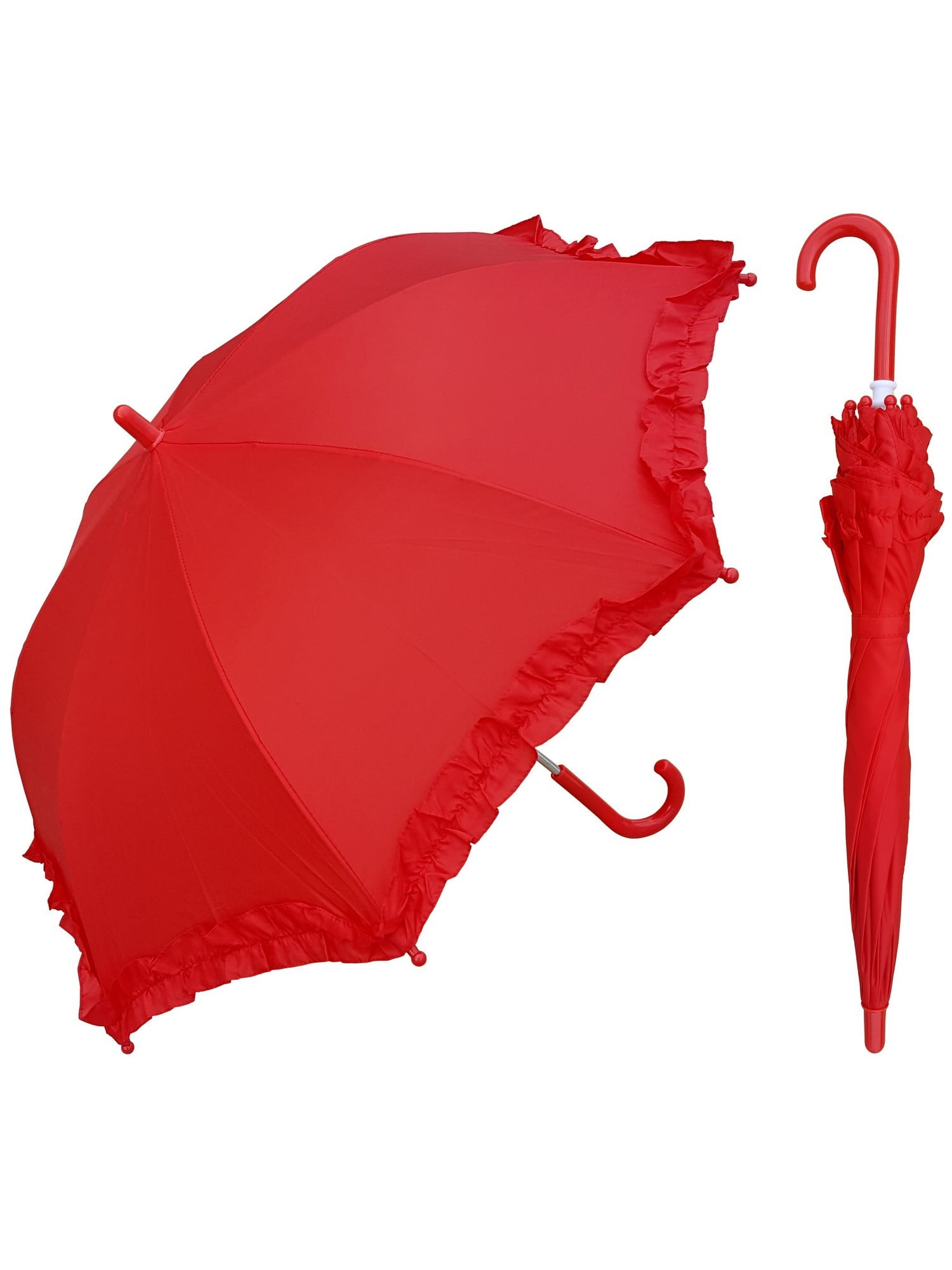 Rainstoppers Unisex Kids Red Solid Ruffle 32" Plastic Hook Handle Umbrella