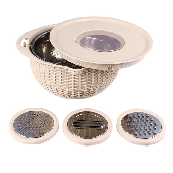 4-in-1 Rotatable Colander Bowl with Slicing Tools, 2-Layer Stainless Steel Strainer - Beige