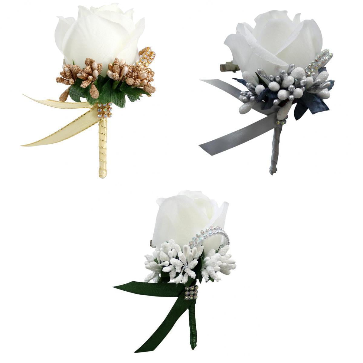 3x Rose Flower Brooch Wedding Boutonniere Corsage for Groom Groomsmen Bride 