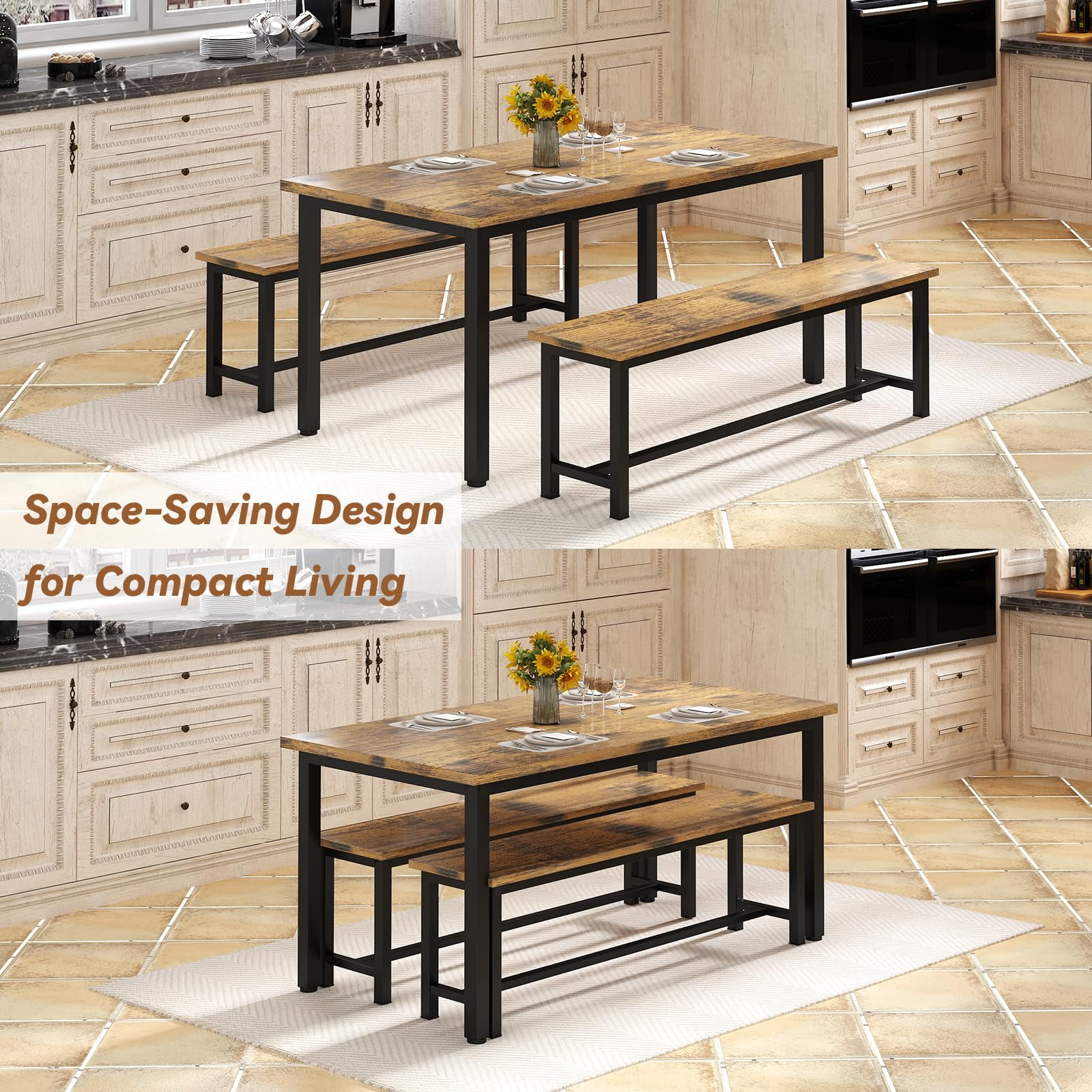 Cvortll Dining Table Set, Rectangular Dining Table and Chairs for 4-6, Modern Wood Dining Room Table Set Kitchen Table Set with Two Benches & Metal Frame for Kitchen, Restaurant