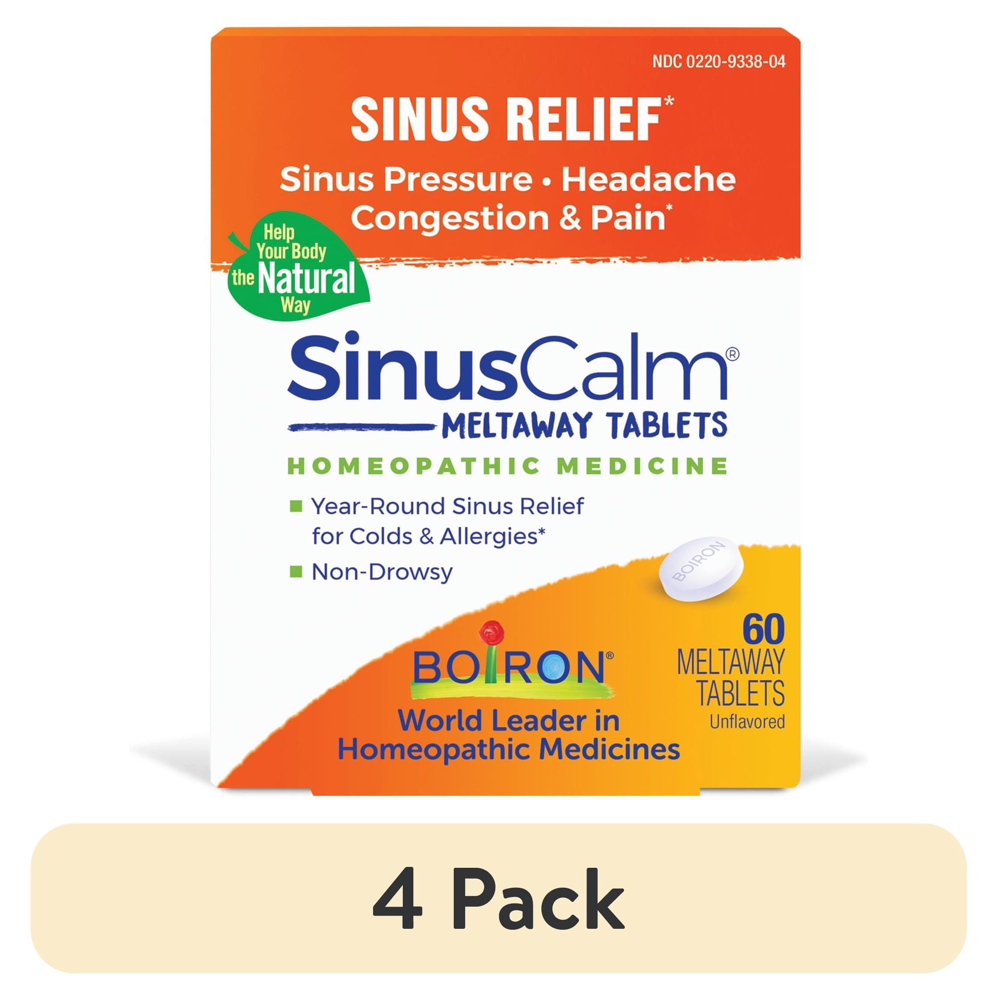 (4 pack) Boiron SinusCalm Tablets, Homeopathic Medicine for Sinus Relief, Sinus Pressure, Headache, Congestion & Pain, 60 Meltaway Tablets
