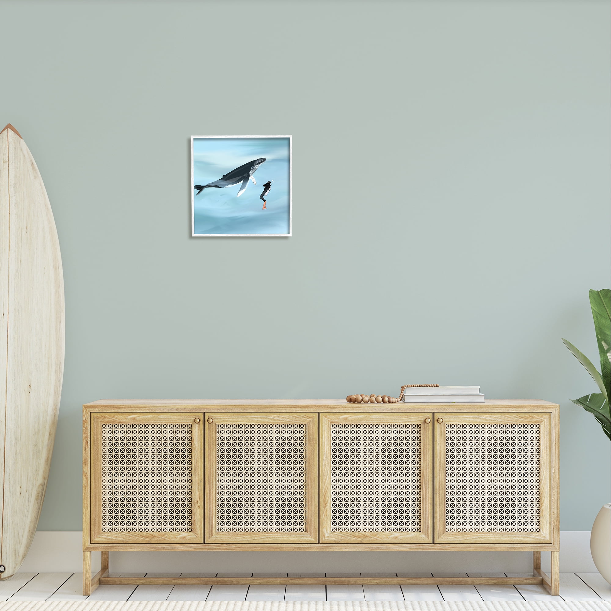 Stupell Underwater Scuba Diver & Whale Friends Landscape Painting White Framed Art Print Wall Art