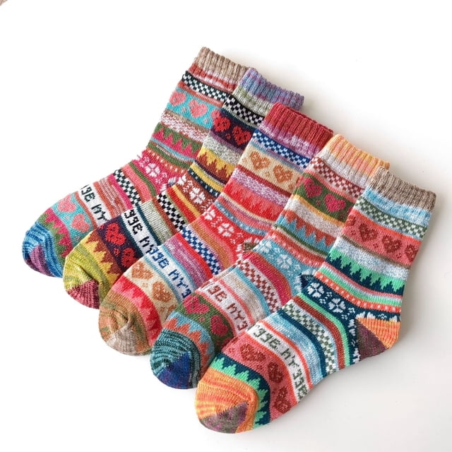 Xiao Hua Paquete de 5 calcetines de lana para mujer, vintage, suaves, cálidos, gruesos y de punto frío, multicolor (corazón)