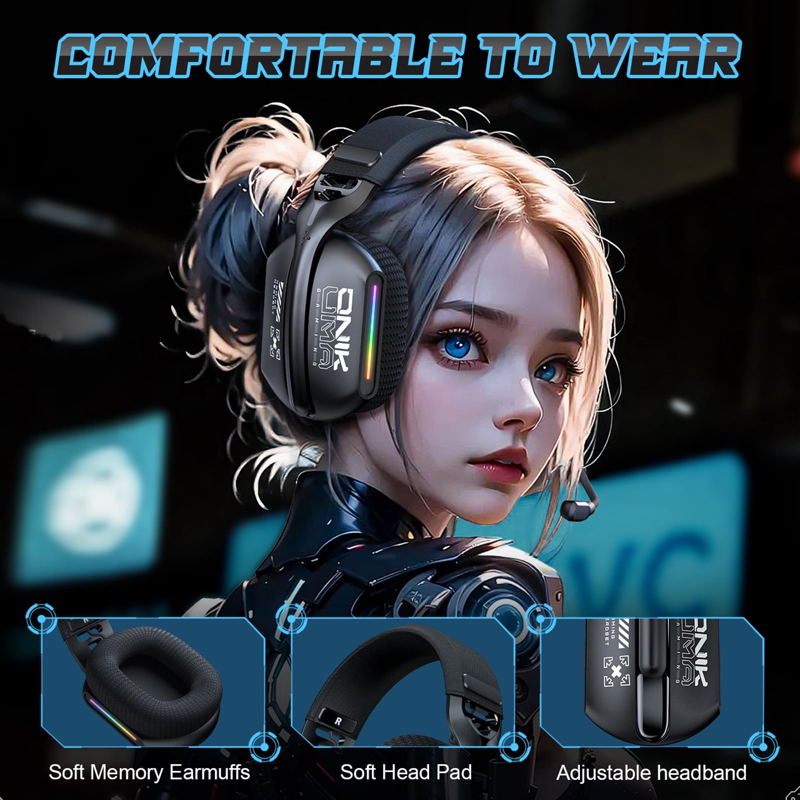 2.4GHz Wireless Gaming Headset for PC PS5 PS4, Ultra-Low Latency USB-C Dongle Gamer Headphones with Microphone, Bluetooth 5.3 & 3.5mm Wired Mode Gaming Headset for Switch Mobile Mac Laptop