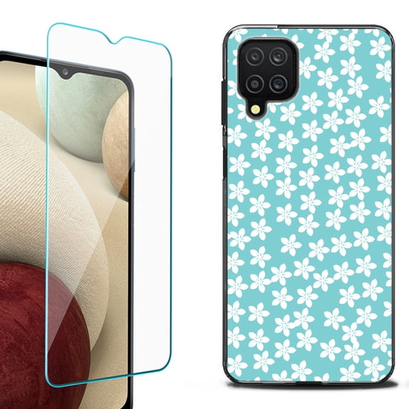 Slim-Fit Flexible TPU Gel Phone Case (black) for Samsung Galaxy A12, with Tempered Glass Screen Protector, by OneToughShield ® - Flower/Teal