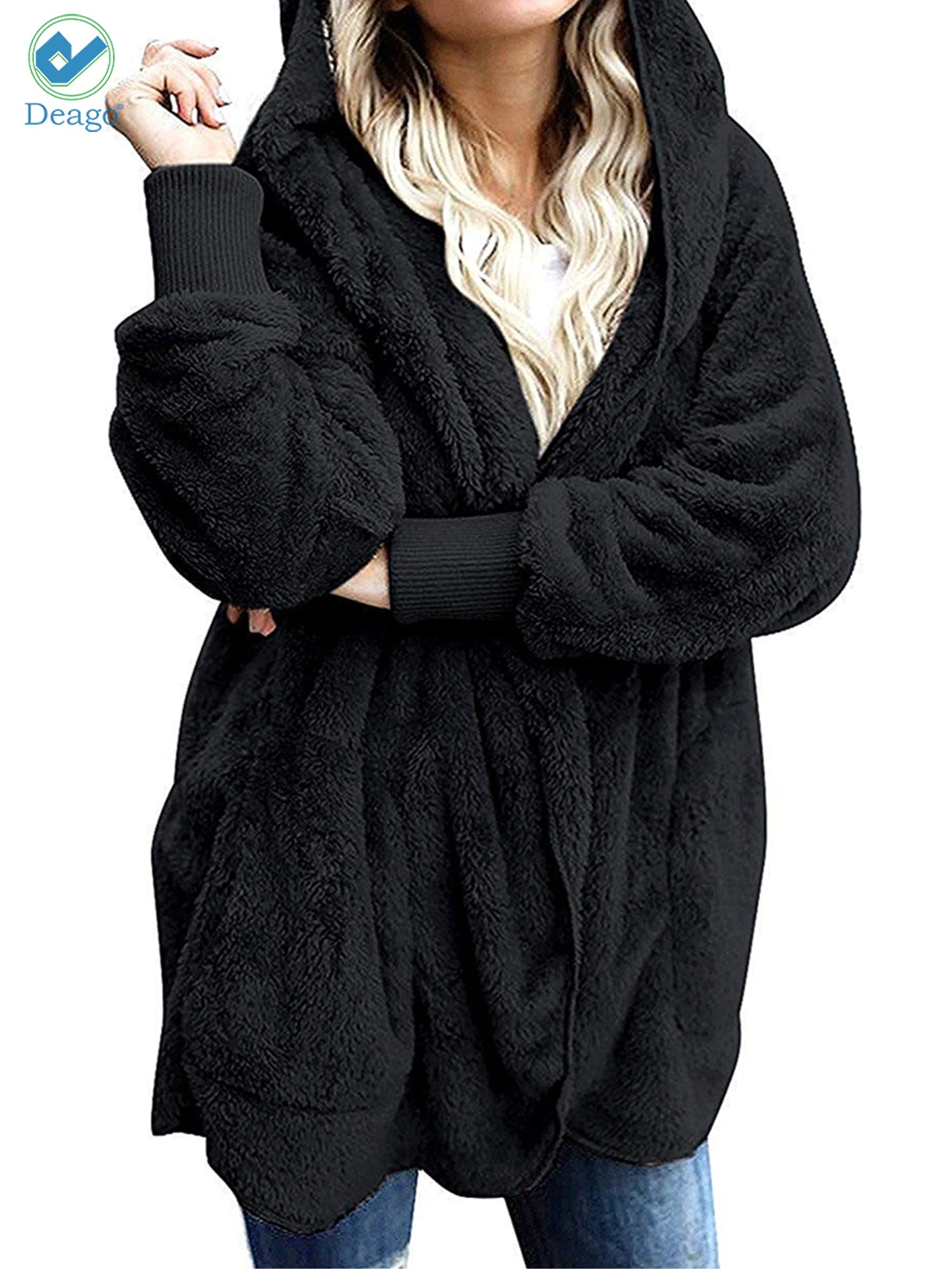 Utyful Women’s Long Sleeve Loose Fit Open Front Hood Cardigan Fuzzy Fleece Jacket Coat Outwear 