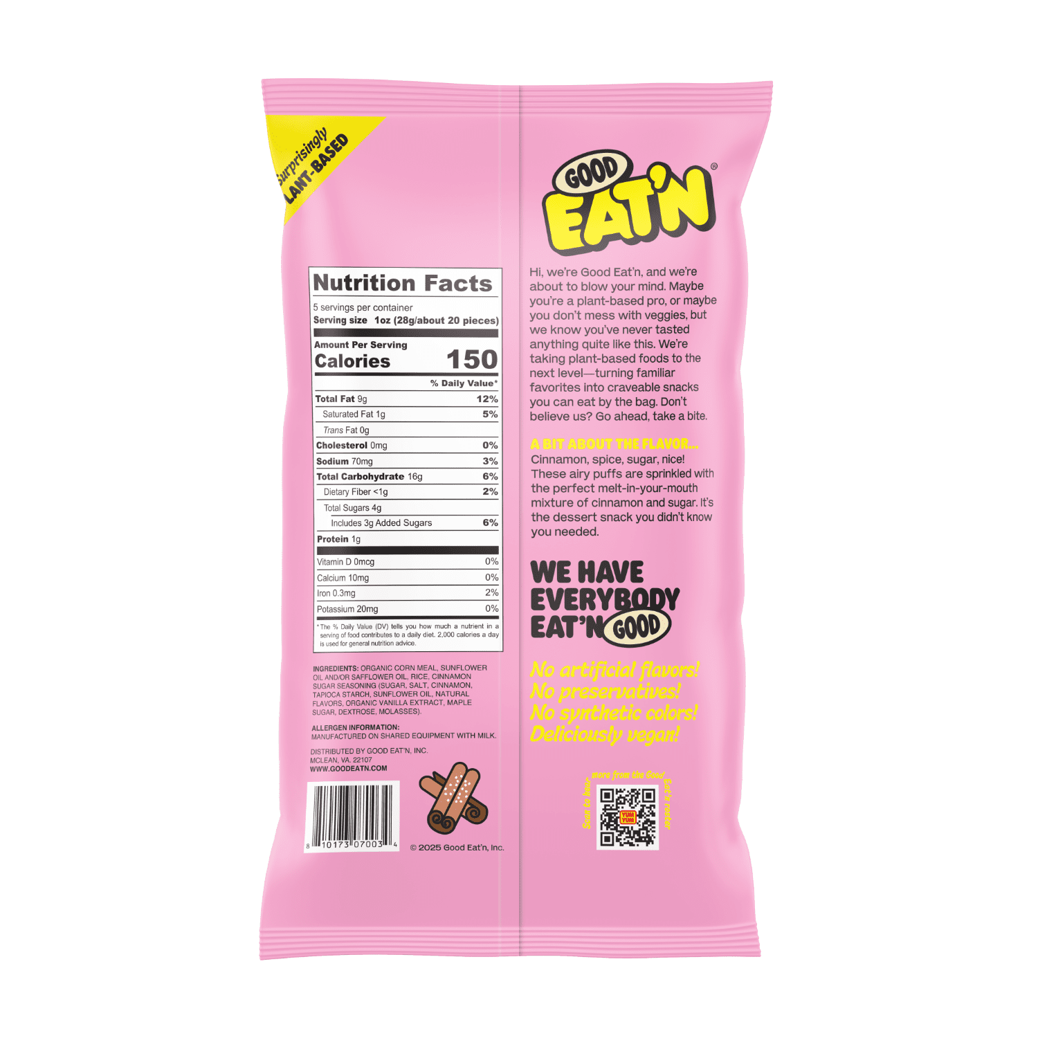 (3 pack) Good Eat'n Cinnamon Sugar Puffs, Baked Non-GMO Corn Snack, Gluten-Free, Vegan, 5oz