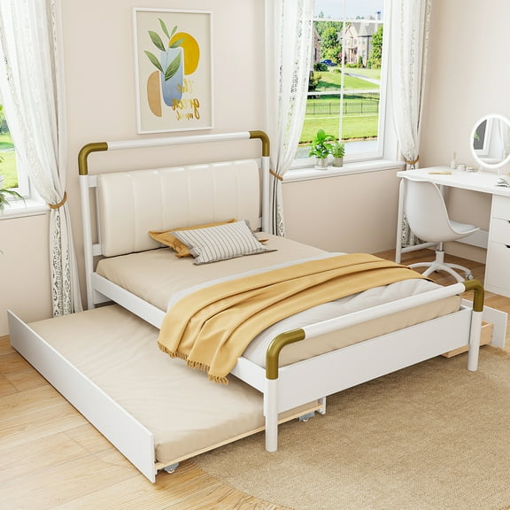 Euroco Queen Size Platform Bed with 2 Drawers and Trundle, White