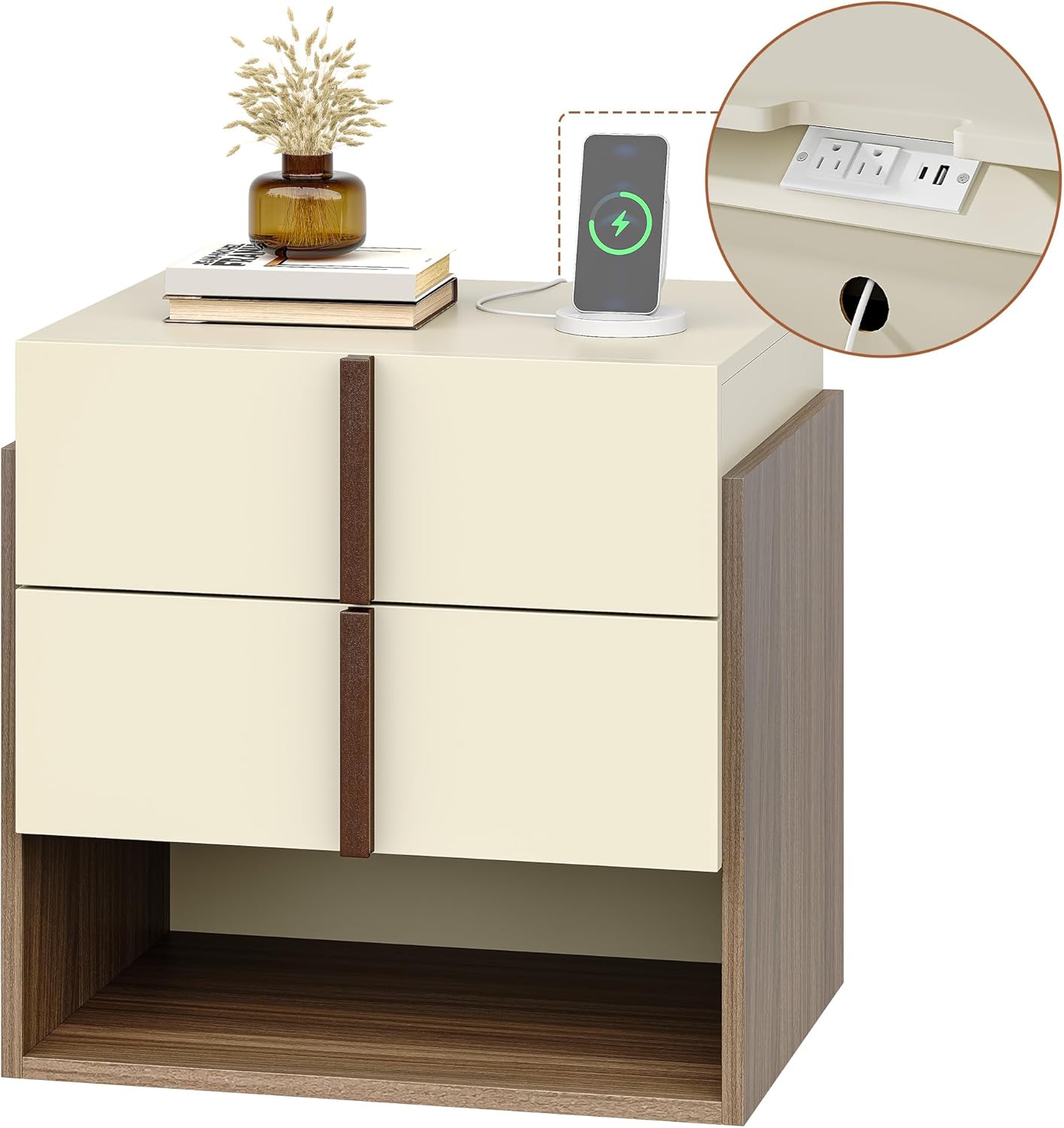 2 Drawers Nightstand with Charging Station, 20" Tall Two-Tone Beige and Light Walnut Bedside Table End Table for Bedroom or Living Room