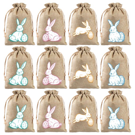 6/12 Pieces Easter Drawstring Bags Easter Burlap Bags with Drawstrings Rabbit Linen Gift Bags with Double Drawstrings Easter Bags Burlap Easter Rabbit Bags for Easter Party