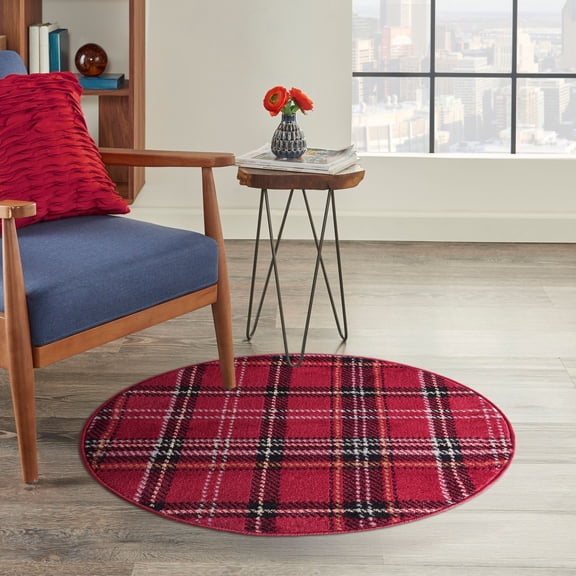 Nourison Grafix 3' x Round Red Plaid Indoor Rug
