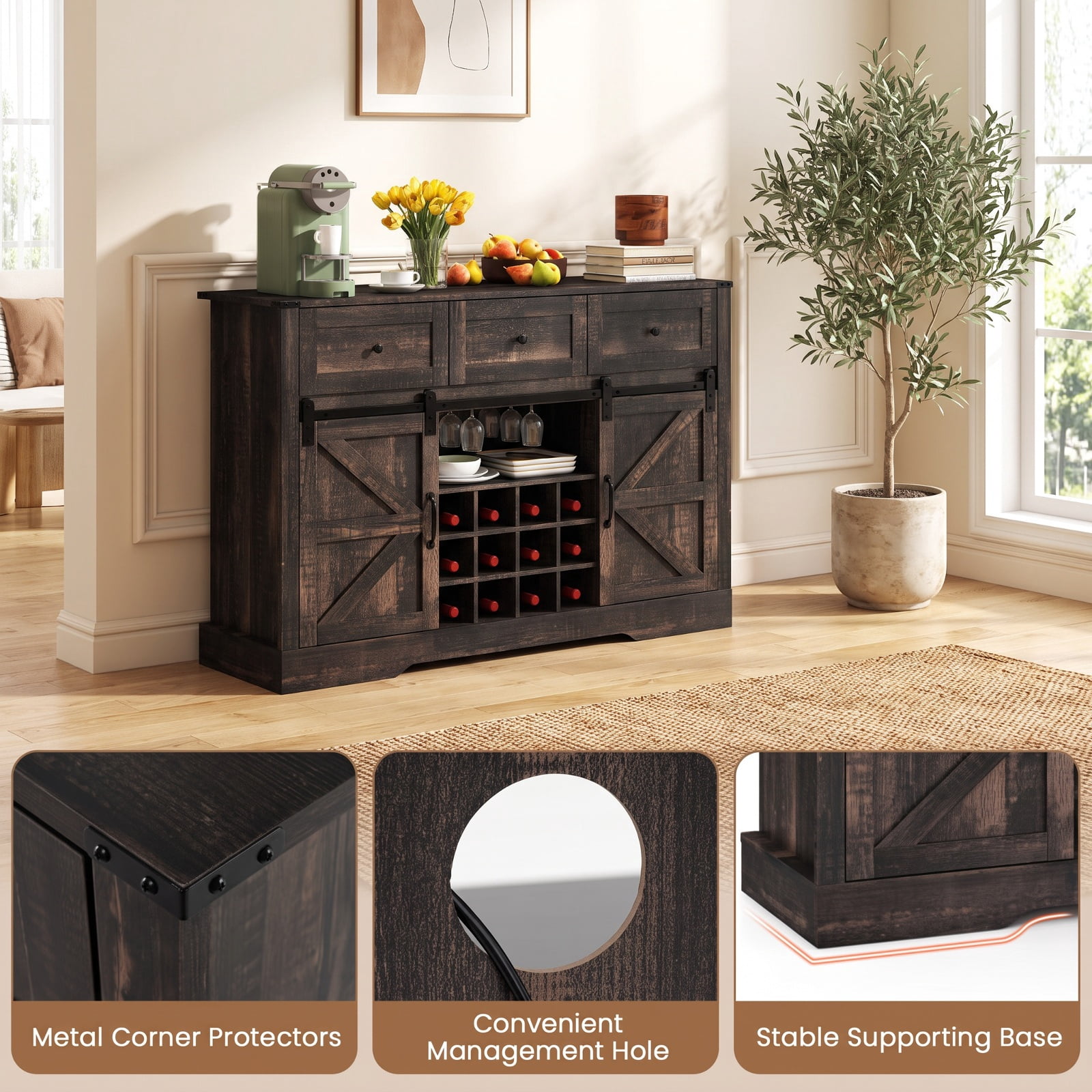 Furnibear 52 Inches Wine Bar Cabinet with LED Lights and Sliding Barn Doors for Living Room Kitchen Dining Home Bar Wine Storage, Black