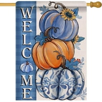 Welcome Fall Blue Pumpkin Large Decorative House Flag Autumn Plaid Check Sunflower Yard Garden Outside Decor Thanksgiving Seasonal Burlap Outdoor Home Decoration Double Sided 28 x 40