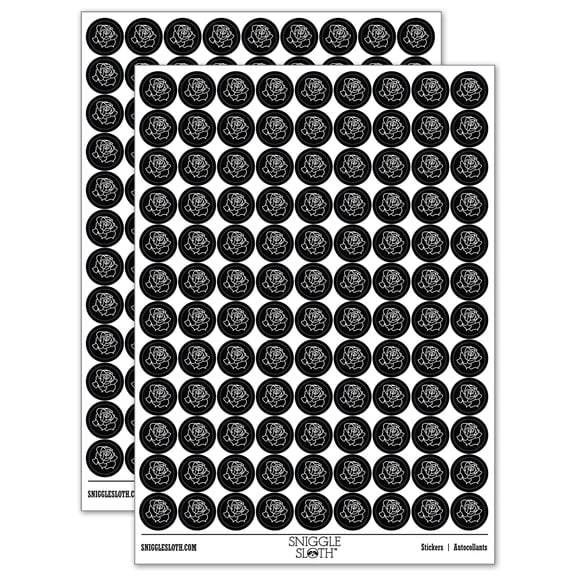 Blooming Open Rose Flower Outline 200  Round Stickers - Black - Gloss Finish - 0.50" Size