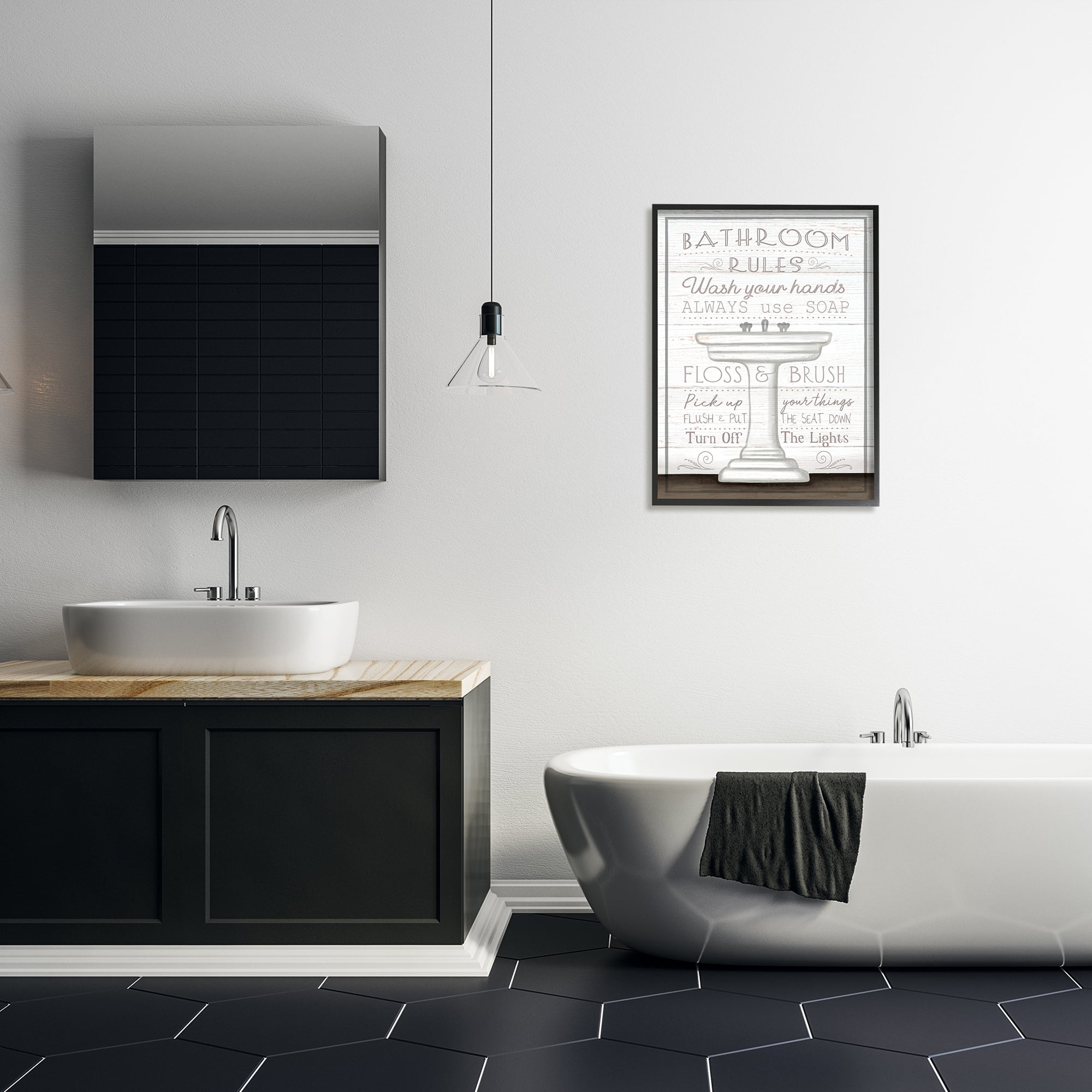 Stupell Industries Rustic Bathroom Rules Sink Typography Painting Black Framed Art Print Wall Art, 24 x 30
