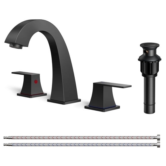 TVOFEK Matte Black Bathroom Faucet 3 Hole, Widespread Bathroom Sink Faucets with Metal Pop up Drain and Supply Lines, Lead-Free 8 inch Faucet for Restroom Farmhouse