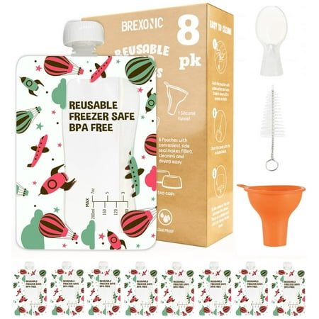 Brexonic Baby Food Storage Pouches Reusable Baby Food Pouches for Baby Food  Purees & Smoothies for Toddlers - Refillable & Squeeze Pouches Include Funnel  Extra Caps  Spoon & Brush